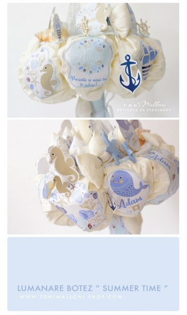 Lumanare botez cu scoici, balene si caluti de mare, 65x4 cm, Summer time  3